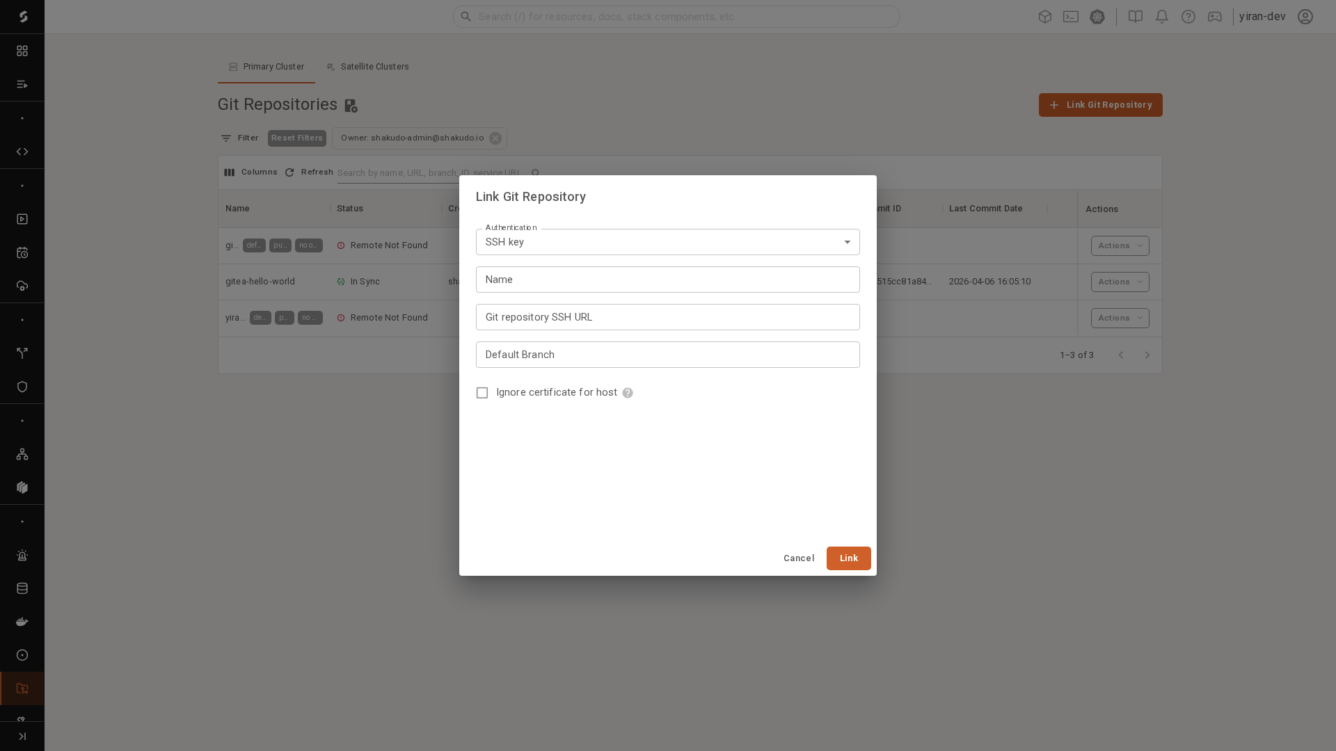 Link Git Repository dialog
