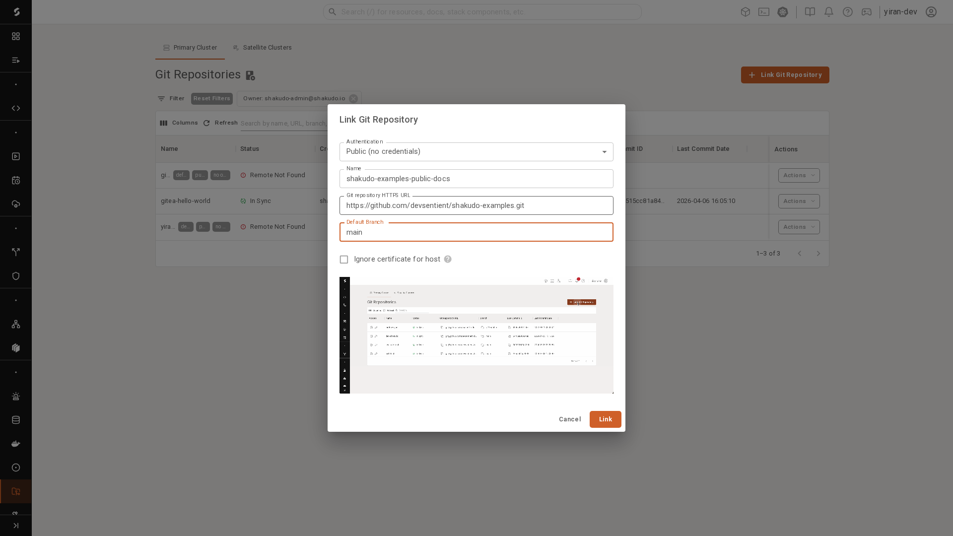 Filled Link Git Repository dialog