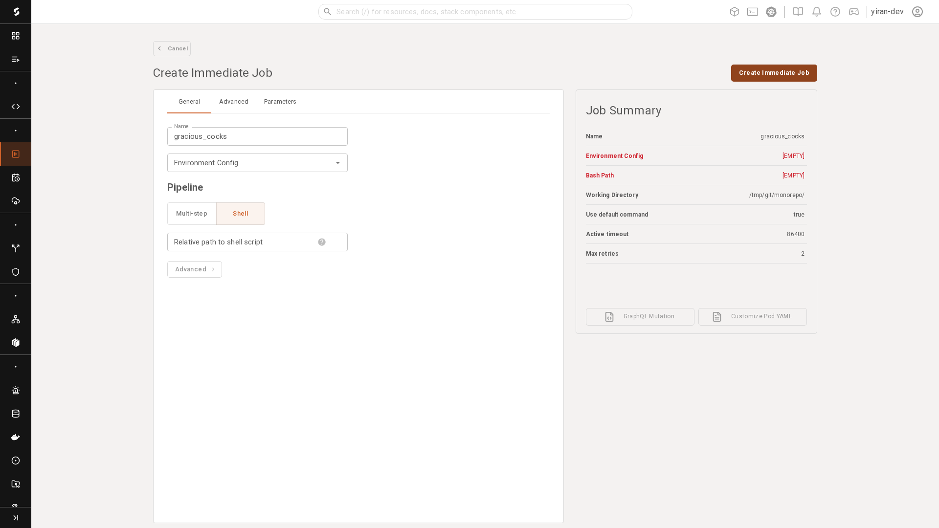 Create Immediate Job dialog
